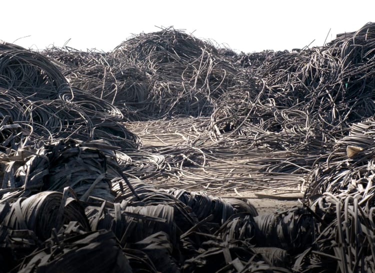 Loose drip tape and irrigation tubing before being bundled for recycling.